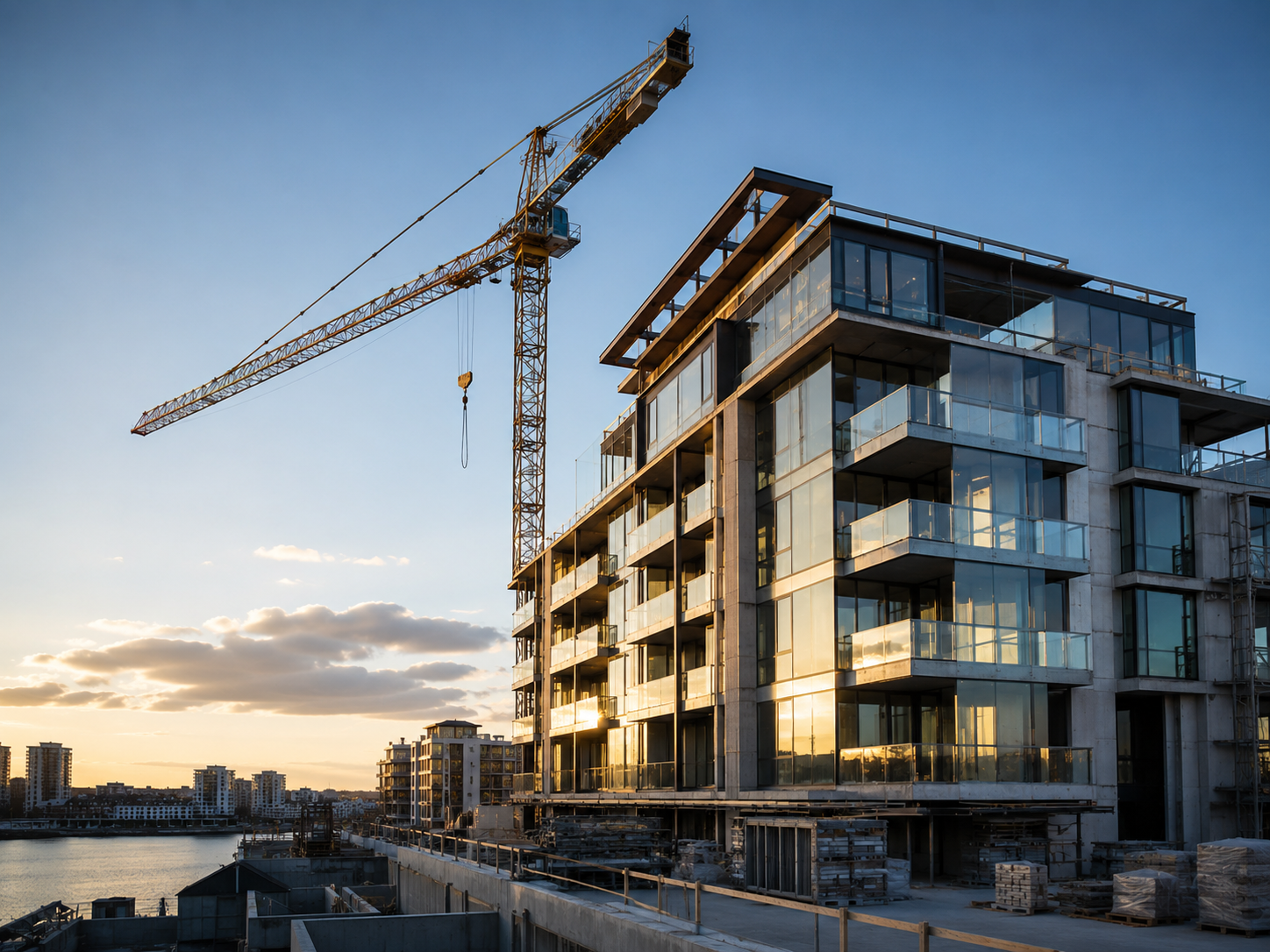 Prédio em construção com guindaste ao por do sol